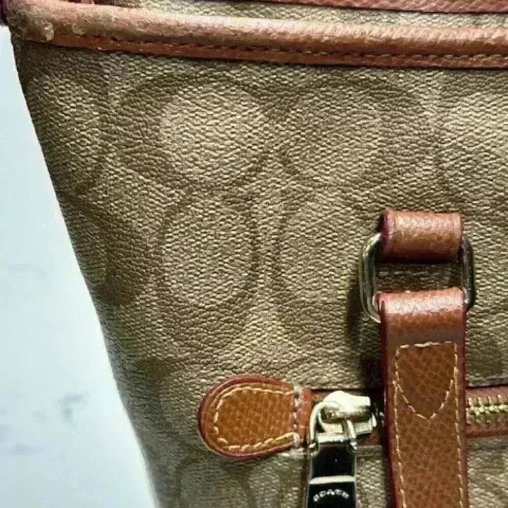 Coach F34603 Signature Zip Top Tote Shoulder Bag Khaki Saddle Jacquard - Picture 9 of 16